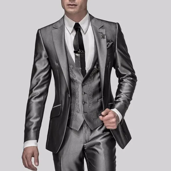 Costumes gris brillant pour hommes avec broderie, smokings de marié GroomTIME, meilleurs ensembles d