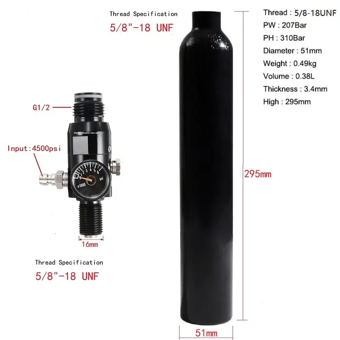 Bouteille d'Air ComTIFS HPA à Intervalles de CO2, en Aluminium Précieux, Valve Sochi, 0,38 L, 5/8-18