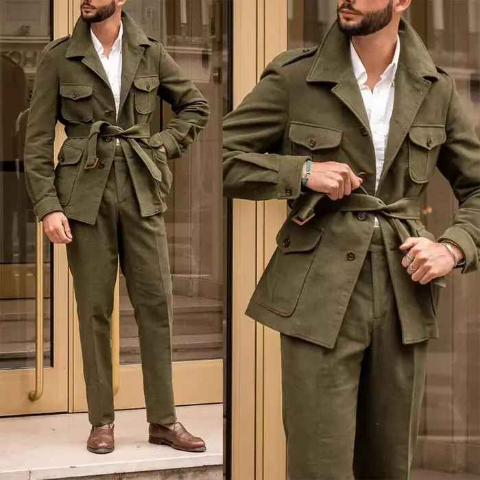 Manteau de html Vintage en Laine Verte pour Homme, Veste Slim, Pantalon Élégant, Tenue Décontractée,