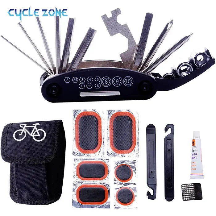 Kit d'outils multifonctionnels de réparation de vélo 16 en 1 avec sac et patchs pour pneus, freins et chaînes pour cyclistes aventuriers et cadeaux pratiques