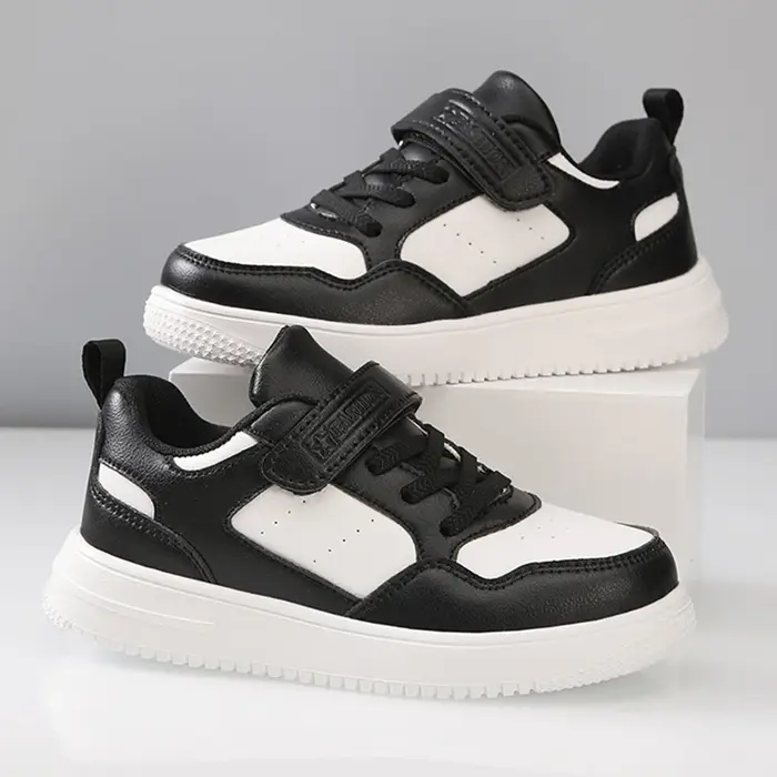 Baskets école garçons filles cuir confortables - Chaussures plates noires blanches antidérapantes pour marche
