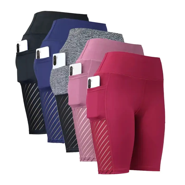 Short de yoga femme longueur genoux - Pantalon fitness taille haute avec poches et séchage rapide