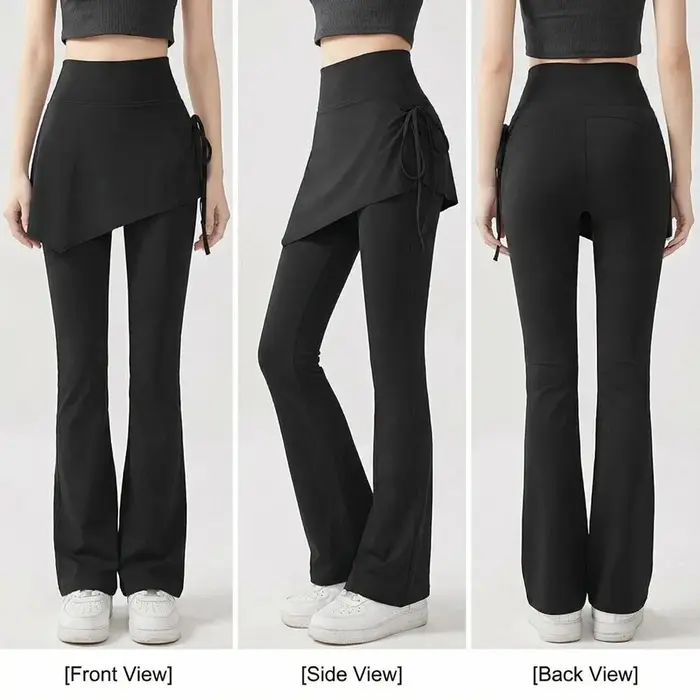 DFCF Pantalon de yoga évasé taille haute pour femme avec jupe superposée deux-en-un, détails à pompo