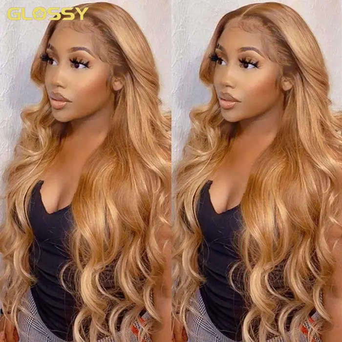 Perruque Lace Front Wig Body Wave Brésilienne Naturelle, Cheveux Blond Miel, Sans Colle, 13x6 HD, 30