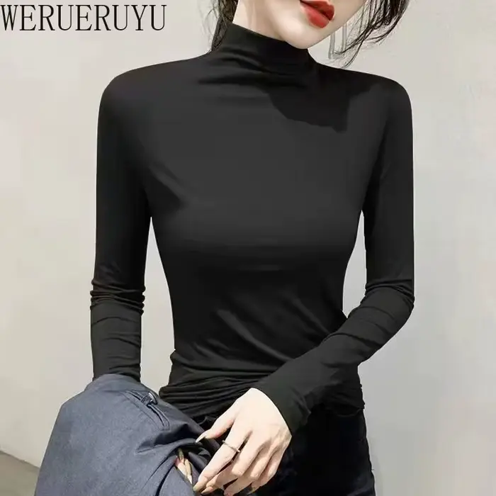 T-shirt noir à col roulé et manches longues pour femme, vêtement Y2k, mode coréenne, Modal, élégant,