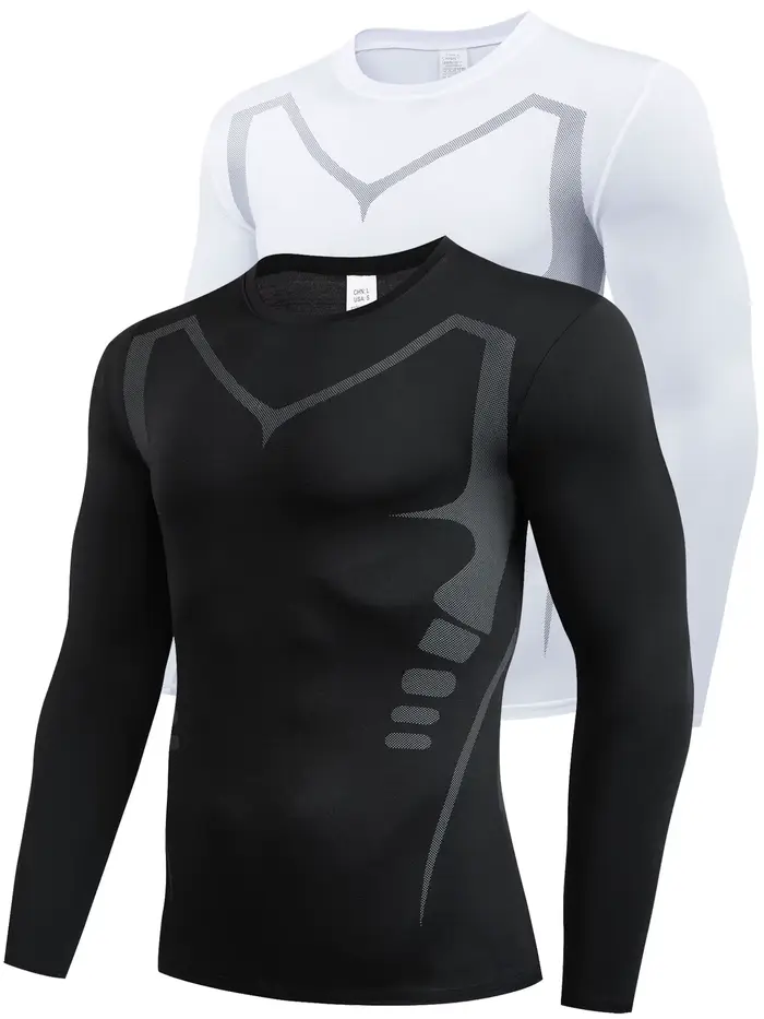 Chemise de sport à manches longues à compression respirante pour hommes – Vêtements de sport à col r