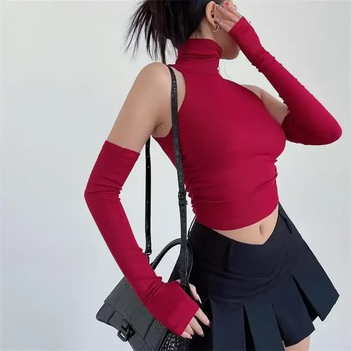 2025 nouveau épicé filles Y2k hauts manches longues Sexy col roulé débardeur pour femmes coupe ajust
