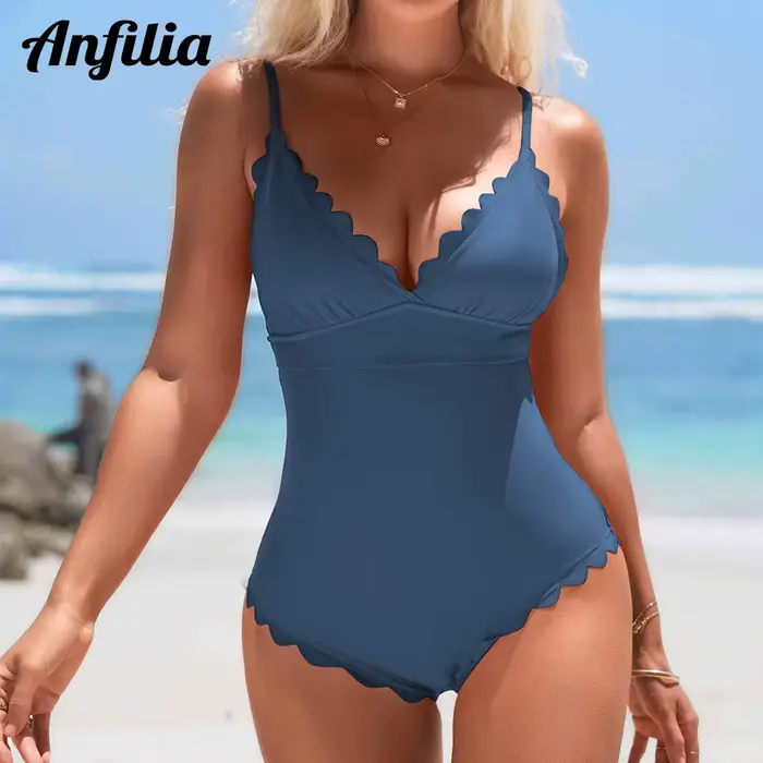 Maillot de bain une pièce femme festonné - Rembourré amovible et garniture haute élastique sexy