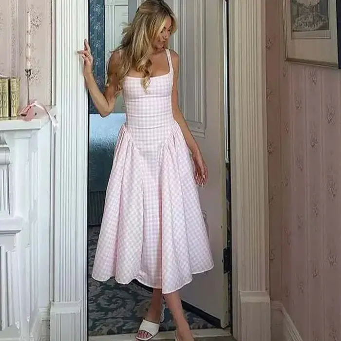 YENKYE à lacets pansement Plaid Robe à bretelles femmes élégant col carré taille basse a-ligne Midi 