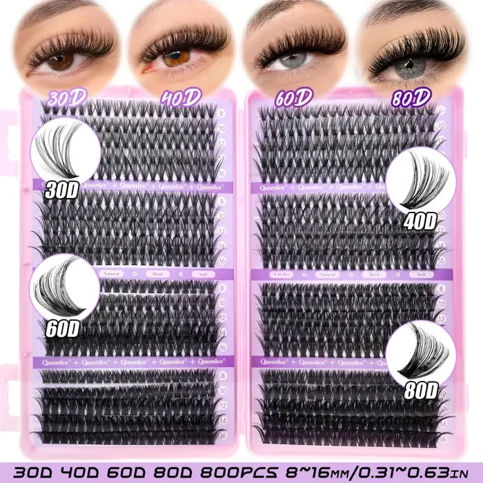 QUEENICE 800 pièces de faux cils en grappe de longueur mixte |   Léger, doux, facile à appliquer, De