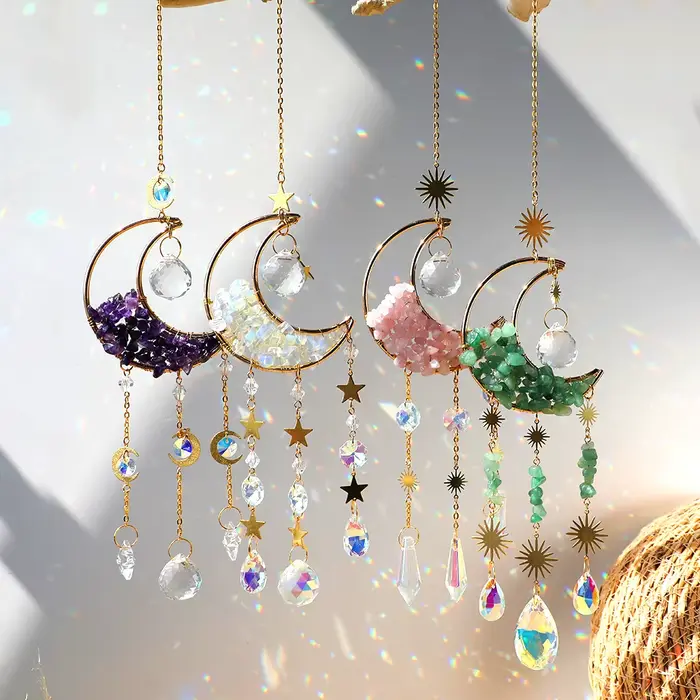 Attrape-rêves en cristal, attrape-soleil pour fenêtre intérieure, boule de prisme, lune, arc-en-ciel