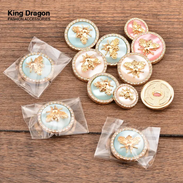 Nouvel Arrivage – Lot de 6 Boutons en Métal Doré avec Strass et Perles Roses et Bleues, Style Abeill