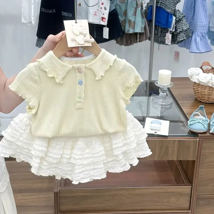 Nouvel ensemble d'été pour filles de 2 à 7 ans : haut polyvalent à col, dentelle et demi-manches bou