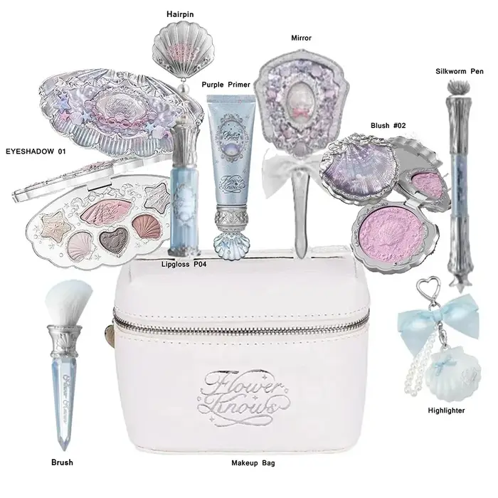 Kit de Maquillage Flower Knows : Poudre Décorante Effet Coquille de Perle Lapin, Gloss à Lèvres, Far