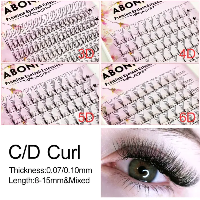 ABONNIE Extensions de cils russes pré-faits en éventail à tige courte 3D/4D/5D/6D, extensions de cil