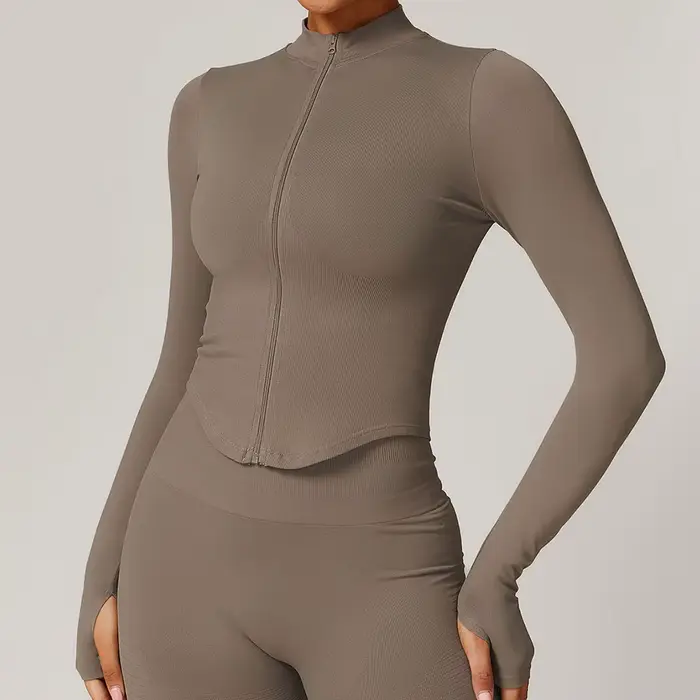 Veste fermeture éclair femme court Yoga sport solide manches longues séchage rapide