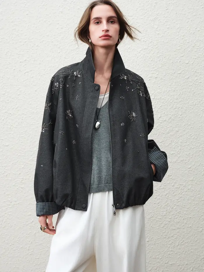 FSLE 【Série Premium】 2026 Manteau pour femme perlé à col en cuir, à manches longues, coupe ample, de