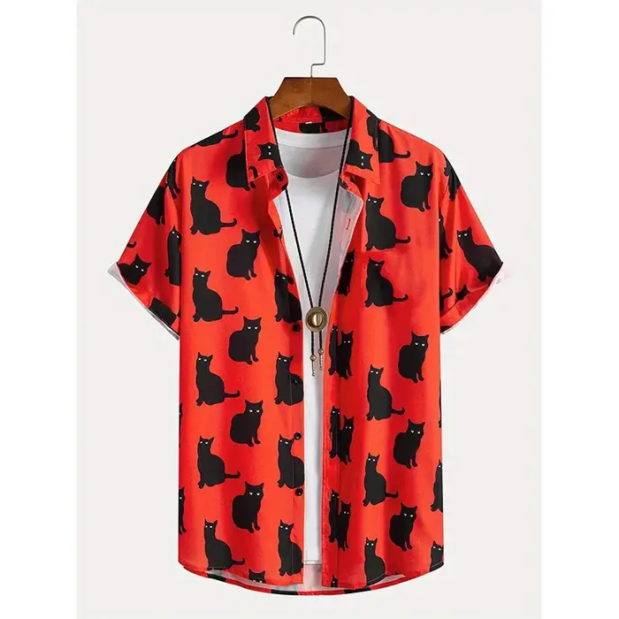 Été mignon chat imprimé chemise hommes décontracté à manches courtes hawaïen décontracté bouton reve