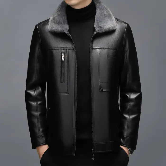 Manteau en cuir véritable pour hommes, avec fourrure, col une pièce, peau de mouton, haut court, épa